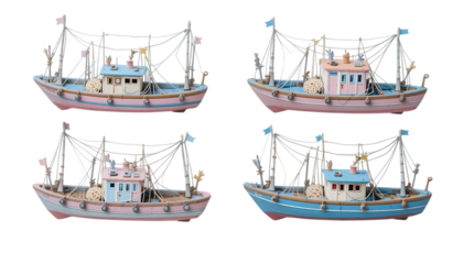 Collection of Little Pink and Blue Fishing Vessel isolated on png