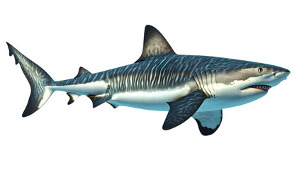 Obraz premium Tiger shark swimming in crystal-clear waters, relentless ocean hunter, cut out on transparent background