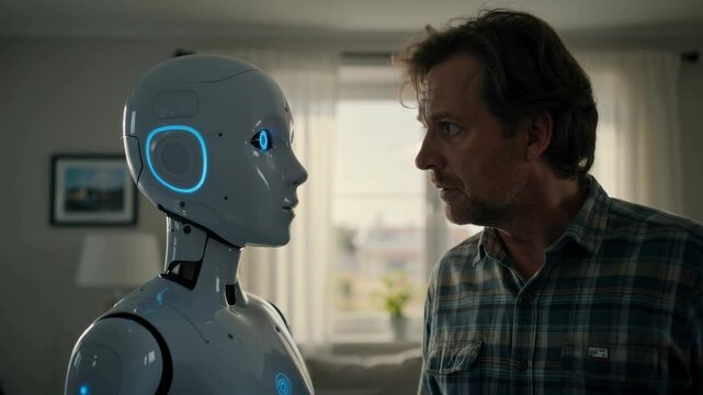 A man engages in conversation with a humanoid robot in a cozy living room setting - confused man confusion funny