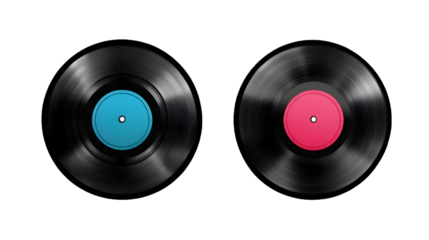 
Vinyl record with colorful retro cover, classic music collection, cut out on transparent background