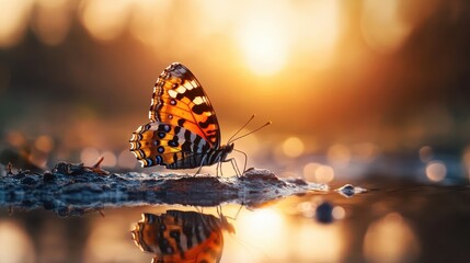 Obraz premium A beautiful butterfly perched on a rock at the water's edge during sunset, with colors reflecting off the surface, invoking feelings of calm and appreciation for nature.