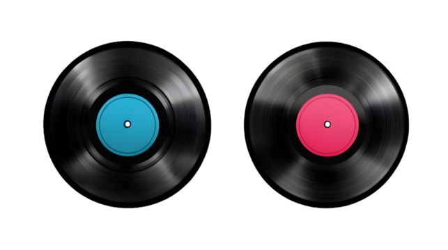 
Vinyl record with colorful retro cover, classic music collection, cut out on transparent background