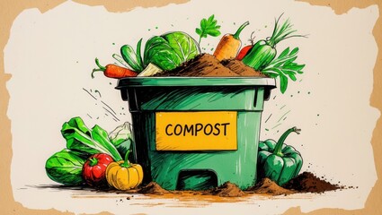 Green compost bin with food scraps and soil around it, cabbage and vegetables, style drawing illustration