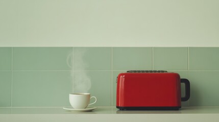A vintage red toaster in a retro kitchen, next to a steaming cup of coffee