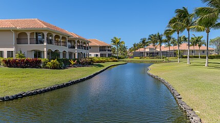 Obraz premium Luxury Resort Homes along a Calm Canal