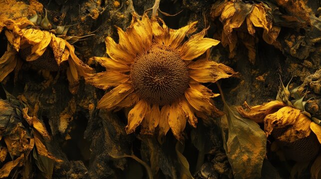 A withered sunflower, its once vibrant yellow petals now scorched by the harsh sun, stands as a testament to nature is cyclical beauty.