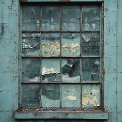 Naklejka premium Distressed Abandoned Window with Multiple Shattered Panes and Peeling Paint Detailed Close Up View