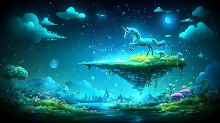 Fototapeta premium Ethereal Unicorn on a Floating Island Under a Starry Night Sky in a Magical Fantasy Landscape