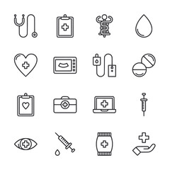 A set of medical icons including a stethoscope, syringe, and pill