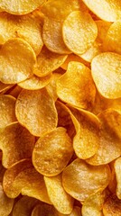 Golden Chips: A vibrant close-up of perfectly crispy potato chips, offering a delectable treat that epitomizes pure indulgence and flavor.