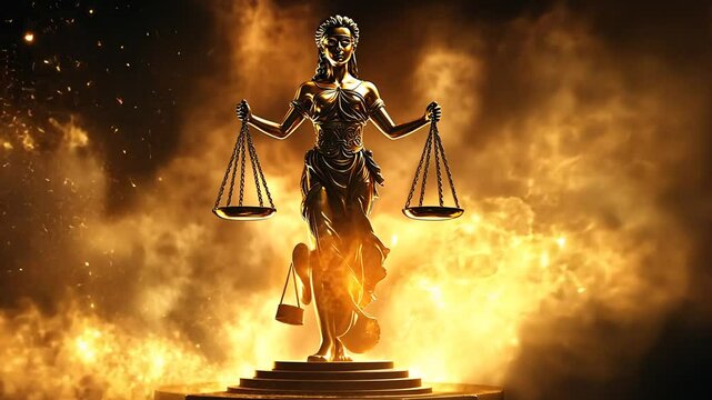 Goddess of Justice Themis Symbol with Scales, Golden Statue on Fiery Nebula Background