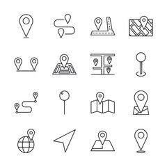 A set of map icons with a line drawing of a road