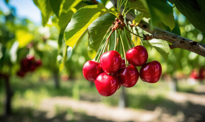 A bunch of red cherries hanging from a tree