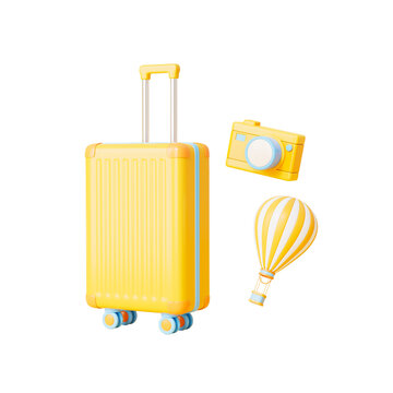 3d rendering travel suitcase and camera with balloom
