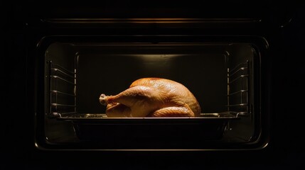 A close-up of an oven door opening, revealing golden roasted chicken inside