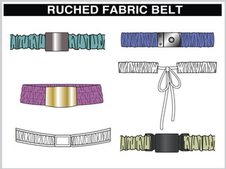 SET OF RUCHED  FABRIC BELTS TIE KNOT FOR WAIST BAND, BAGS, SHOES, JACKETS, SHORTS, PANTS, DRESS GARMENTS, DRAWCORD AGLETS FOR CLOTHING AND ACCESSORIES VECTOR ILLUSTRATION
