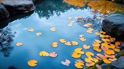 A serene Zen garden, where a tranquil pond reflected the sky is azure expanse, adorned with delicate yellow petals drifting like fallen leaves on a gentle breeze.