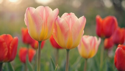 Fototapeta premium Tulip Symphony: A close-up of vibrant tulips, showcasing a breathtaking array of colors, from radiant pinks and yellows to striking reds. Bathed in soft sunlight.