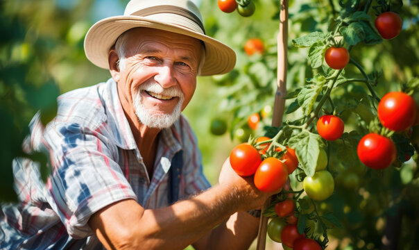 A man in a straw hat is holding a bunch of ripe tomatoes