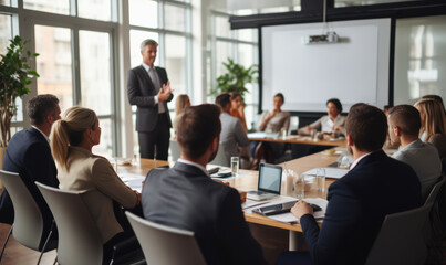 Fototapeta premium A group of people are sitting around a table in a conference room