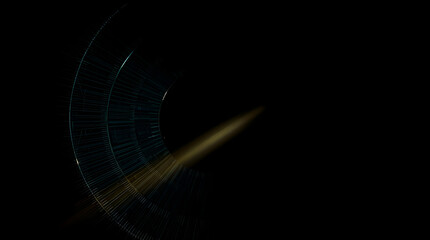 Naklejka premium A dark image with a glowing, abstract shape on the left, featuring a curved structure and a streak of light, against a black background.