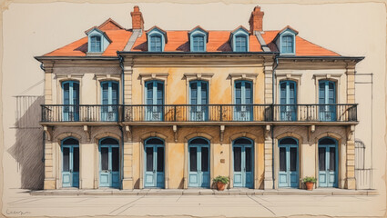 Obraz premium Building sketch illustration shows orange roof, light yellow walls, and blue doors and windows. Three townhouses stand side by side with black iron balconies.
