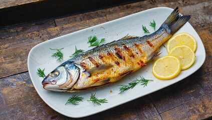 Grilled Fish with Lemon and Dill: A mouthwatering grilled fish, beautifully presented on a rectangular plate, garnished with fresh dill sprigs and bright lemon slices.