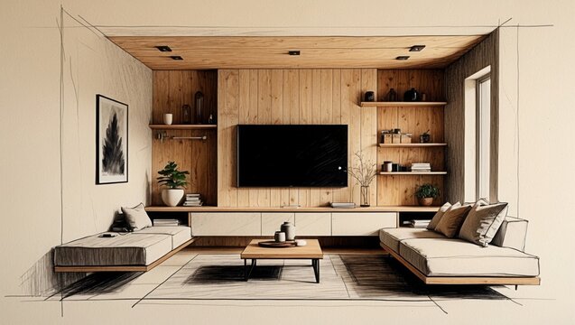 Sketch of living room with wood wall and shelves. Room has couches, table, television and art.