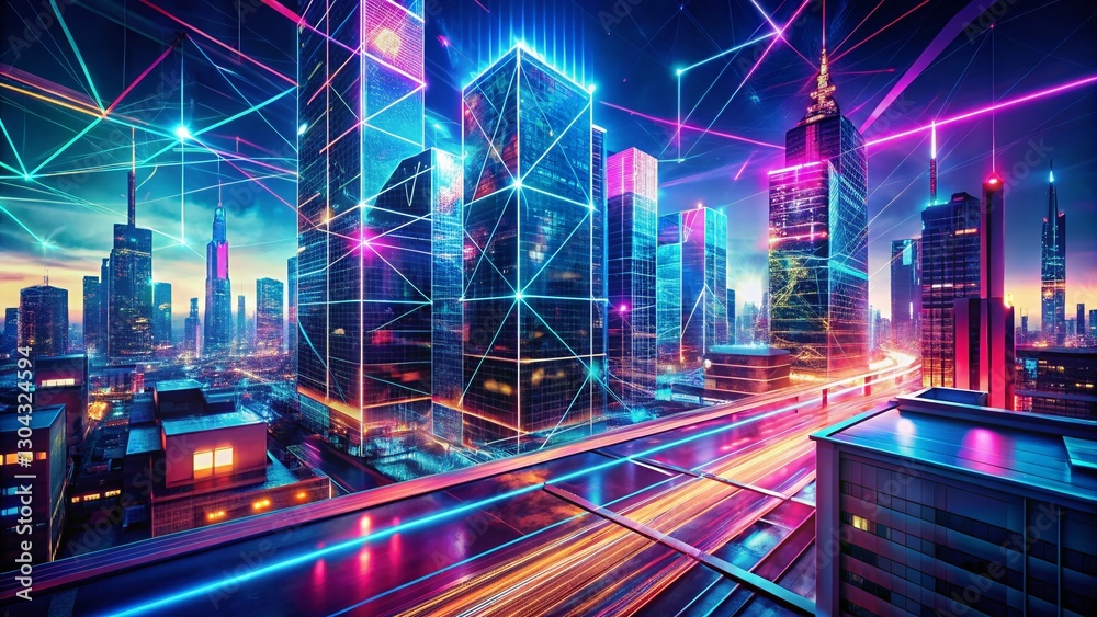 Poster abstract neon data stream architecture: futuristic digital building background