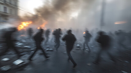 Chaotic urban street scene with blurred figures running amidst smoke and debris, capturing intensity and movement in a dynamic urban environment.