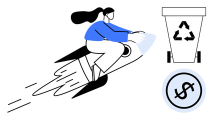 Woman flying on a rocket alongside a recycling bin and a dollar coin, representing progress, innovation, sustainability, and financial growth. Ideal for investment, startups, green future