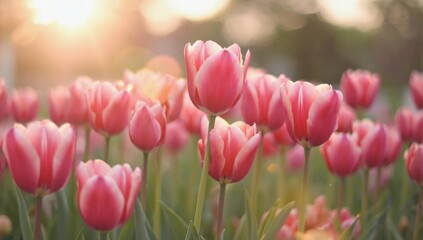 Blooming Tulips in the Sunlight: A close-up shot of a vibrant field of tulips, bathed in the soft glow of the sun, symbolizing springtime, joy, and beauty.