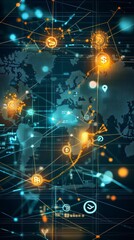 Global Connectivity: Illustrative visualization of global network and financial transactions across a world map, symbolizing international trade and digital communication.