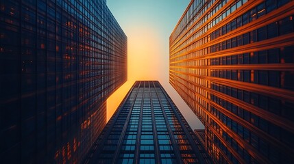 Golden Hour Skyscrapers Dramatic Low Angle View. AI Generated