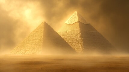 Golden Pyramids Mysteriously Rise Ancient Structures Enveloped in Soft Morning Haze. AI Generated