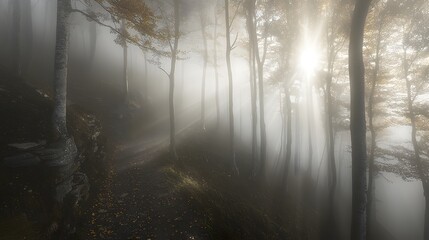 Naklejka premium Misty Forest Path with Sunlight Filtering Through Trees in Autumn Season