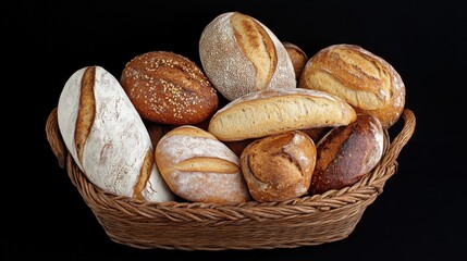 A rustic wooden bread basket filled with assorted artisan bread,