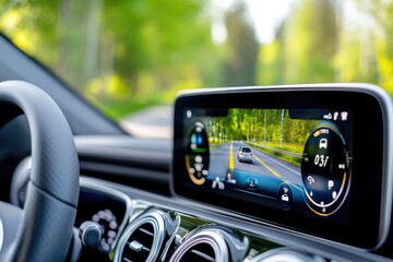 Modern minimalist interior with digital car display for navigation and driving assistance