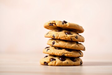 Photograph of a Stack of Warm, Freshly Baked Chocolate Chip Cookies on a Soft Background, Perfectly Baked for a Comforting and Indulgent Treat – dessert stock-image