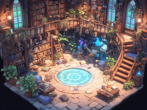 Fantasy wizard house interior with magical library and glowing elements in anime style