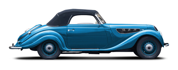 Classic European retro car in light blue. With a convertible body and a soft top in black.