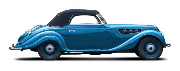 Classic European retro car in light blue. With a convertible body and a soft top in black.
