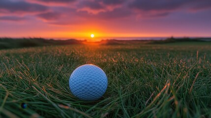 A golf ball, nestled in a verdant sea of grass, awaits its moment of glory under a vibrant sunset, its journey towards the hole illuminated by the fading light.