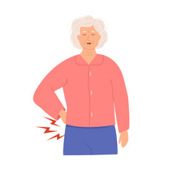Elderly woman suffering from lower back pain, holding her waist with a pained expression. Concept of aging, arthritis, spinal problems. Medical healthcare illustration. Flat Style Vector Illustration.