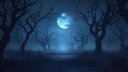 Moonlit, spooky forest path