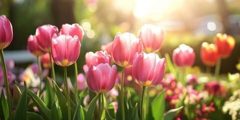 Fototapeta premium Pink Tulips in Sunlight: A vibrant cluster of pink tulips basks in the warm glow of the setting sun, their petals delicately catching the light.