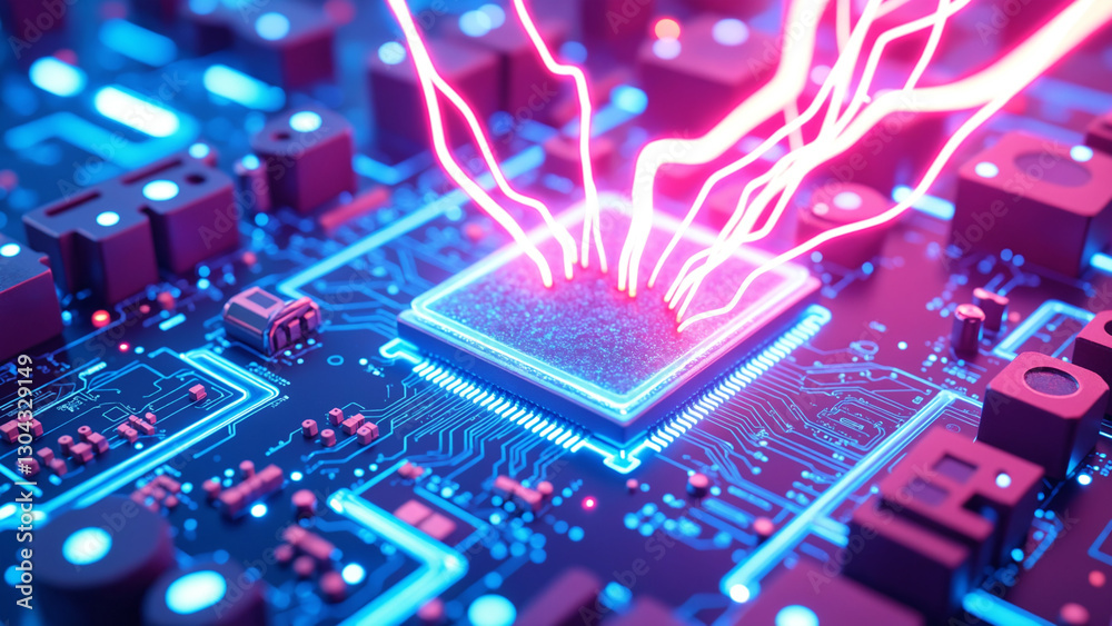 Poster Bright Digital Circuits Radiating Energy in a Futuristic Neon Setting Background