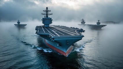 Blue Ship on Water with Fog. Gray Carrier in Sea with Foggy Sky. Aircraft Carrier in Calm Ocean under Dense Mist.