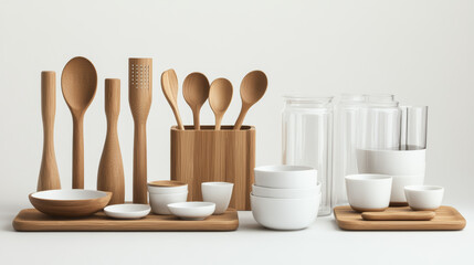 Minimalist Kitchen Accessories Wooden Utensils: Keep wooden spoons, chopping boards, and serving trays on display for a functional yet minimalist kitchen.