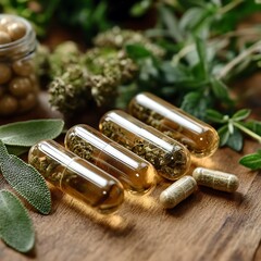 Naklejka premium Herbal Capsules and Medicinal Plants Close Up